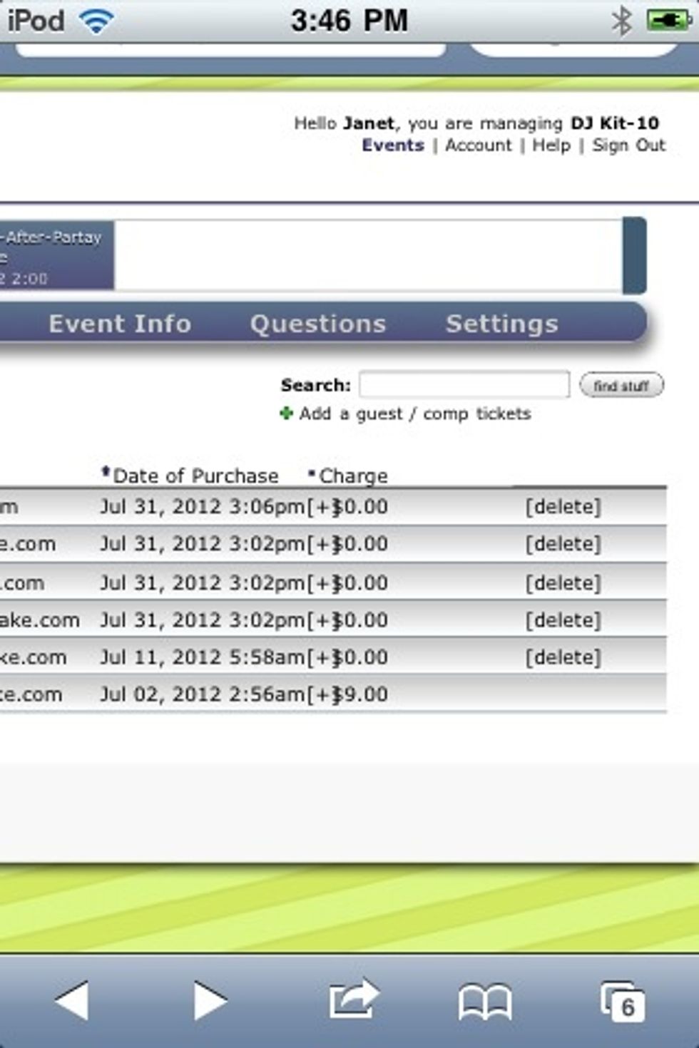 Notice that the lovely guest list is searchable as well as sortable by name, e-mail, etc. Free guests can be deleted via the link to the right. Add guests via the green plus sign under the search box.