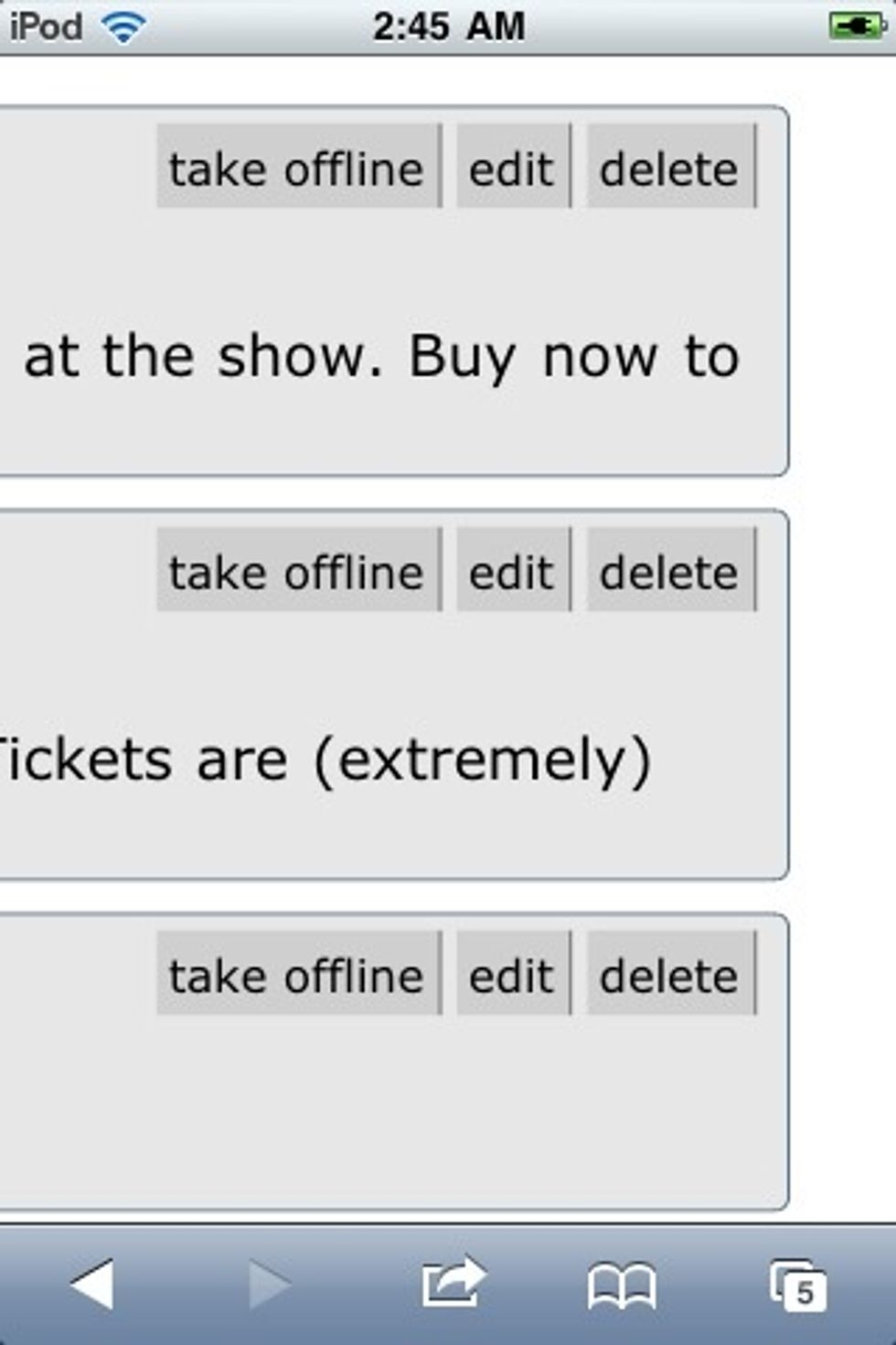 Notice that you can take tickets or merch "online" or "offline", just as you can with your event as a whole. If a certain type of ticket is offline, none of those can be sold!