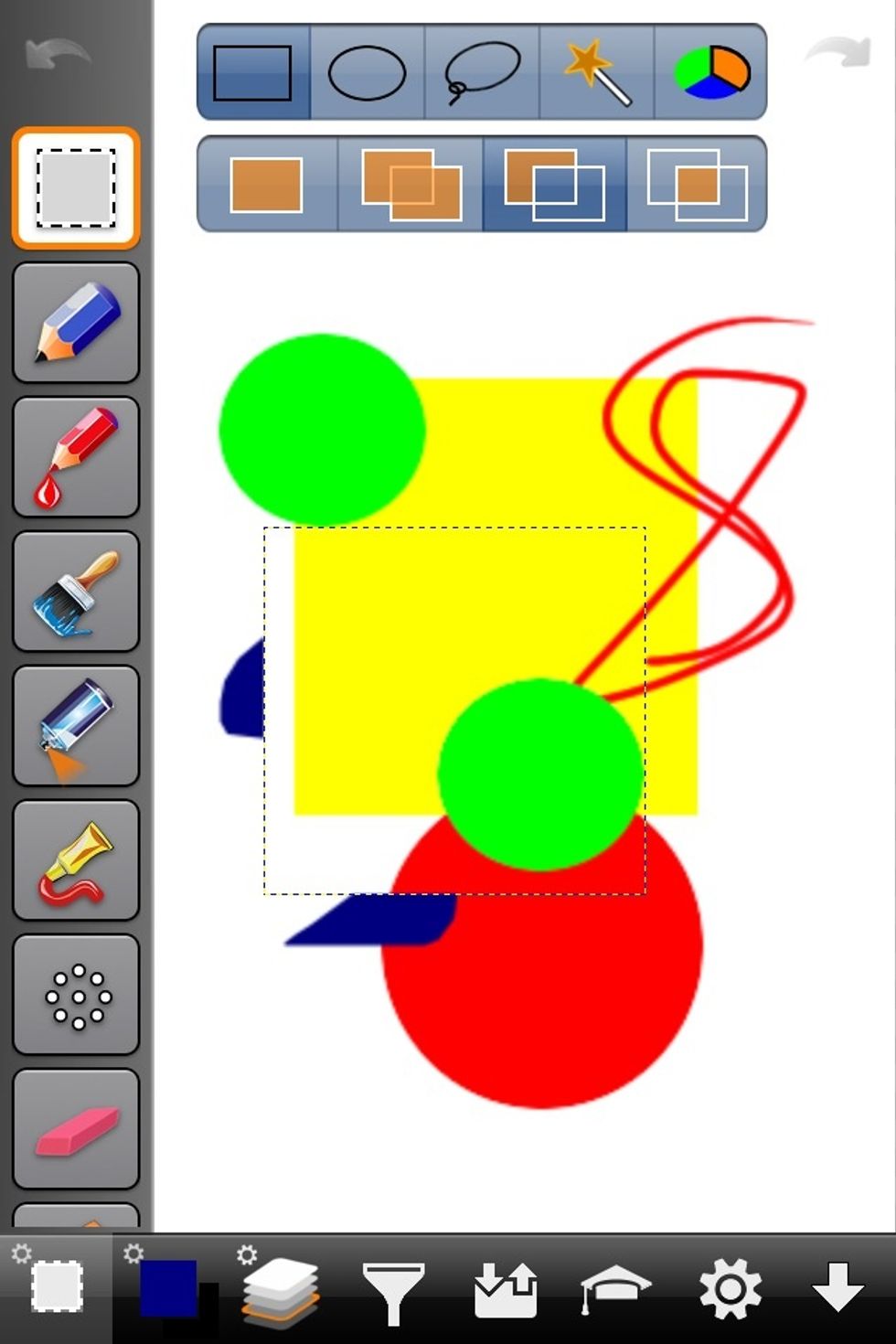 Notice the squares under the selection tools on top. These are the layer options. So you can set the selected area to effect just the front layer, The layer below it, both layers, etc\u2026