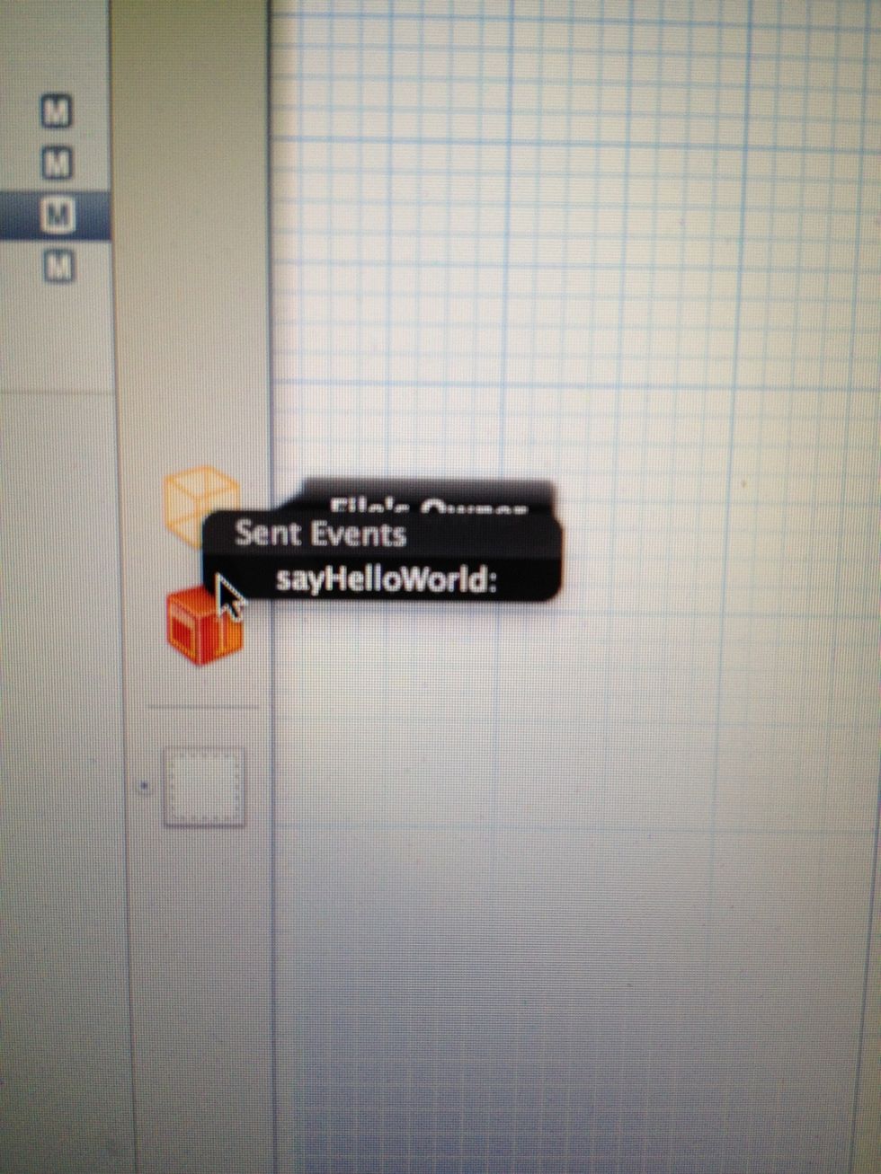 Now a little window opens, with our "sayHelloWorld" Action clickable... We rember, that was the Action we wrote in the *.m file before. So we click on the Actions Name in the window to connect it...