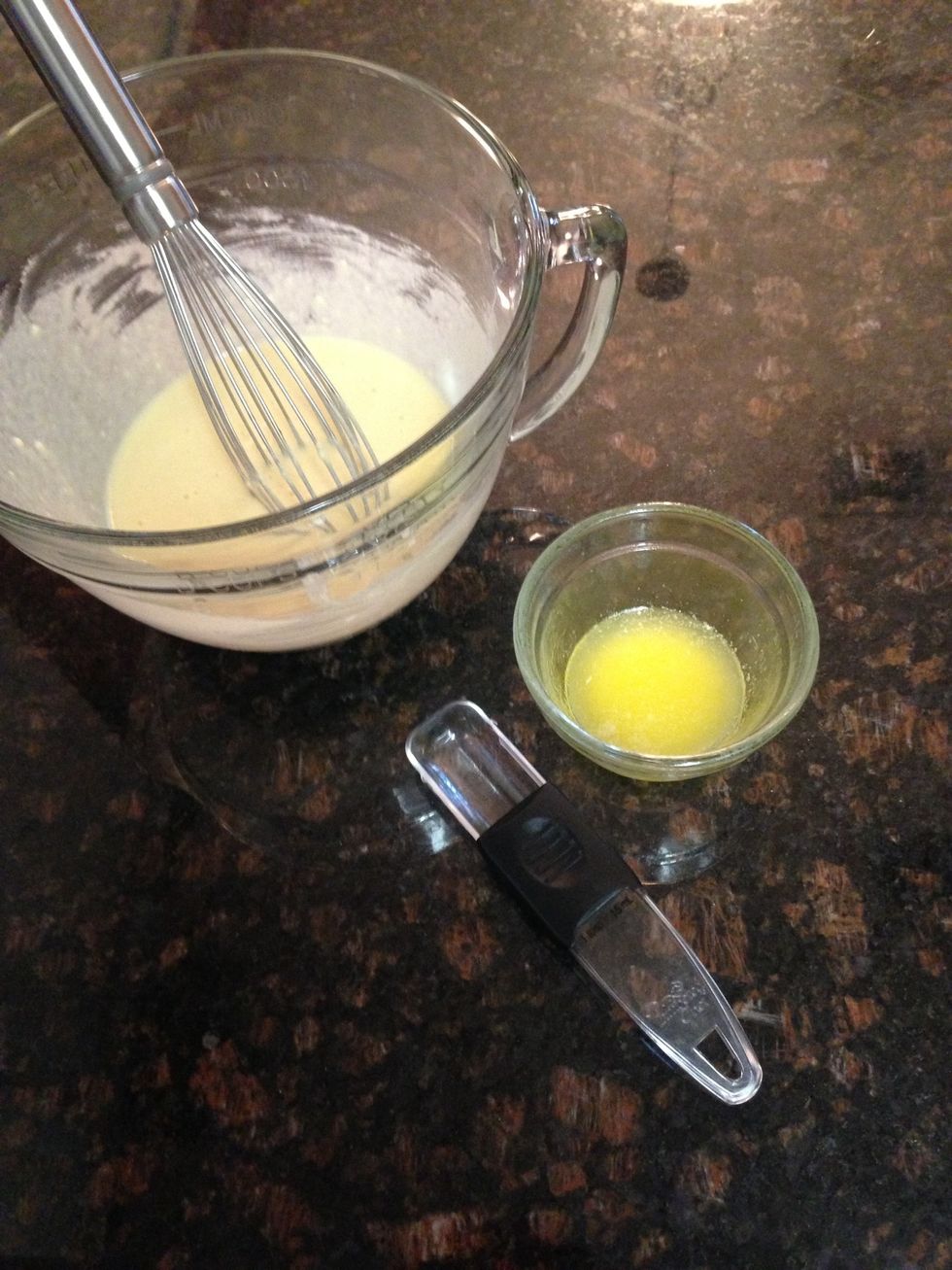 Now add 1 Tbs of melted butter & whisk until blended into batter. Reserve the other 1 tablespoon for cooking.
