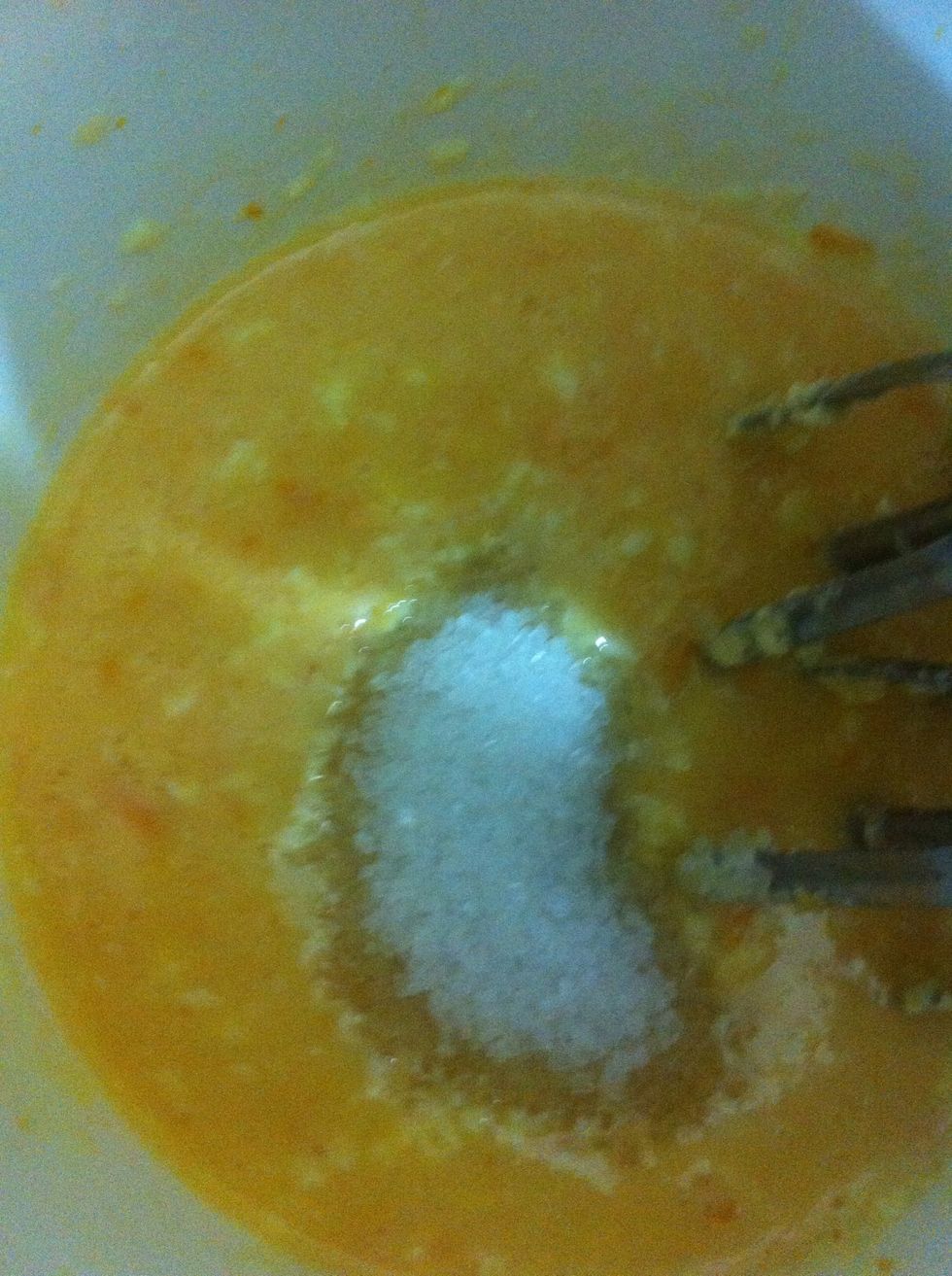 Now add 3/4 cup sugar. Beat for a minute or two
