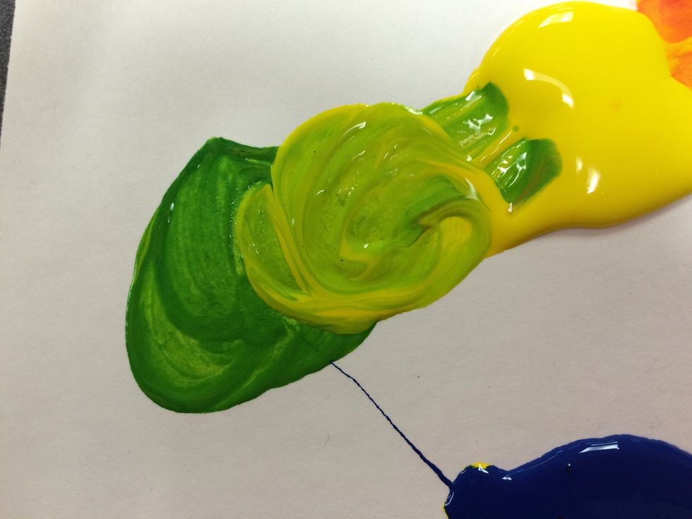 Now add a small amount of yellow to half of your green. This should make YELLOW GREEN.