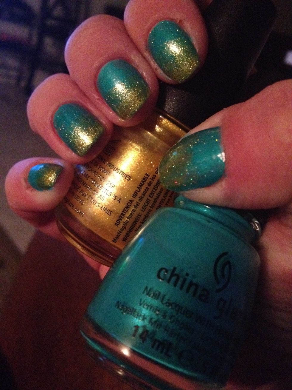 Now add a topcoat, and you should get this effect. It can work with both colors being opaque (solid) but it works best with a sheer polish.