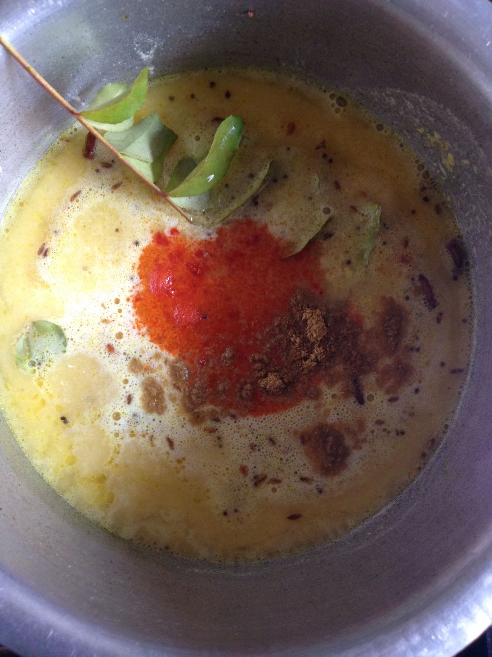 Now add d rest of d supplies- salt, jaggery, red chilli powder, coriander powder, curry leaves, and garam masala