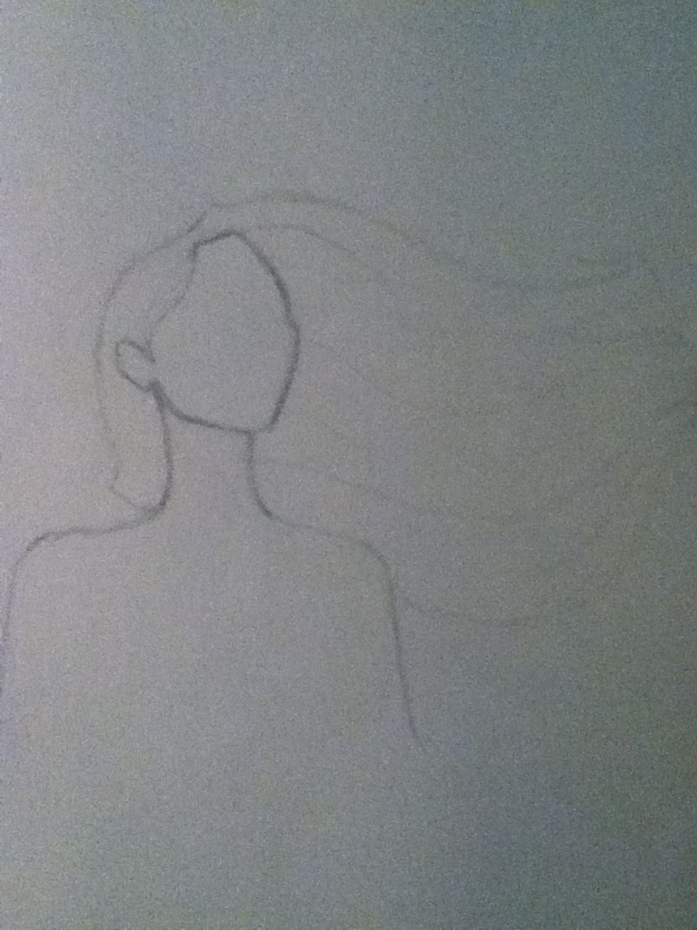 Now add her ear which isn't round but blocky. Also add her hair, it's flowing off to her left, and add her shoulders as well.