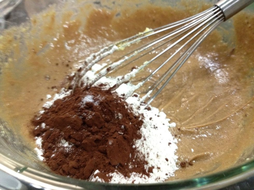 Now, add in flour, cocoa, salt and espresso powder. Espresso powder acts like salt to chocolate. It brings out the flavor. You wouldn't be able to taste any coffee flavor in this recipe.