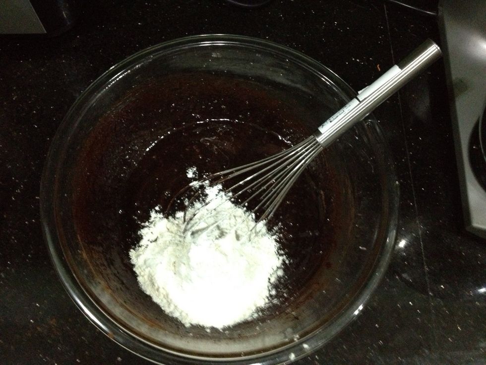 Now add in the flour, baking powder and salt. Whisk it for only 5 seconds.