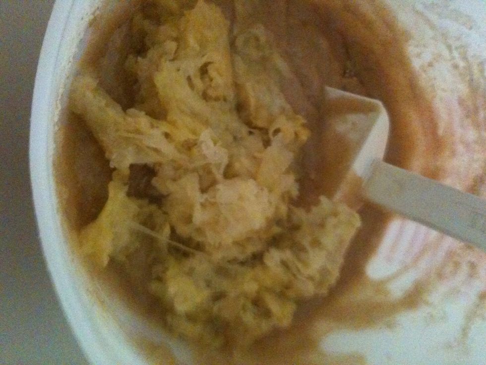 Now add in your 2 cups of grated (drained) zucchini and mix well.. Also you can add 1/2 cup chopped nuts if you desire