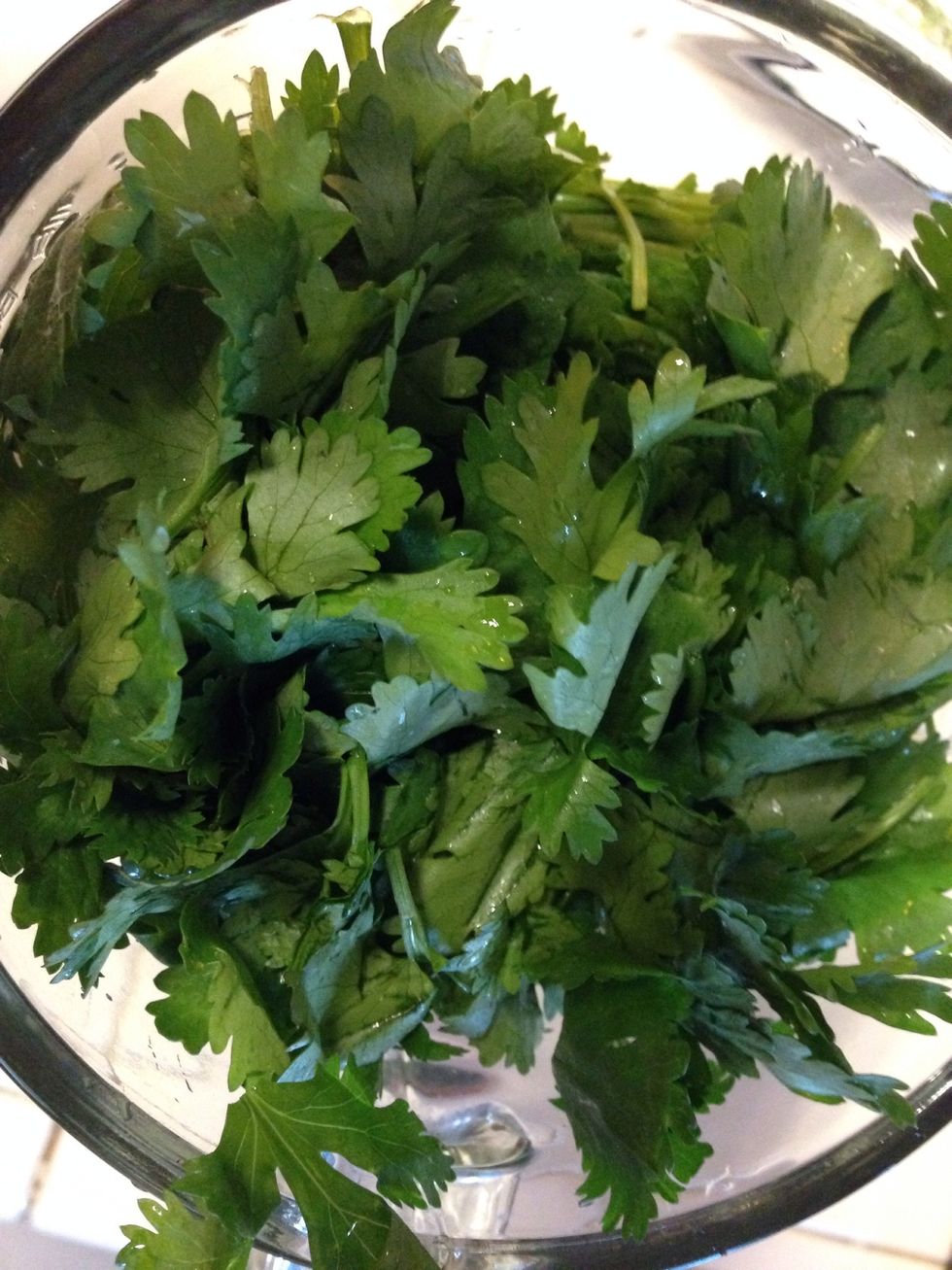 Now, add the 1/2 bunch of cilantro (I cut the bunch in half so it could for in the blender) NOTE: With this recipe. You can always eye-ball ingredients- you can do less or more.