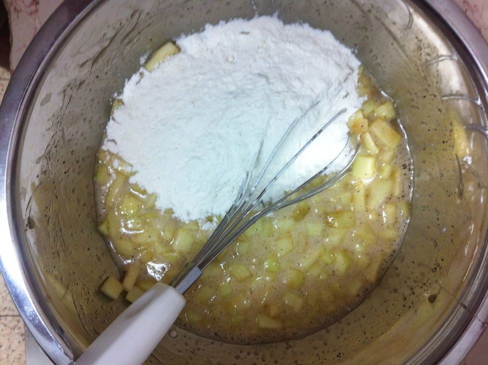 Now add the baking powder and flour.