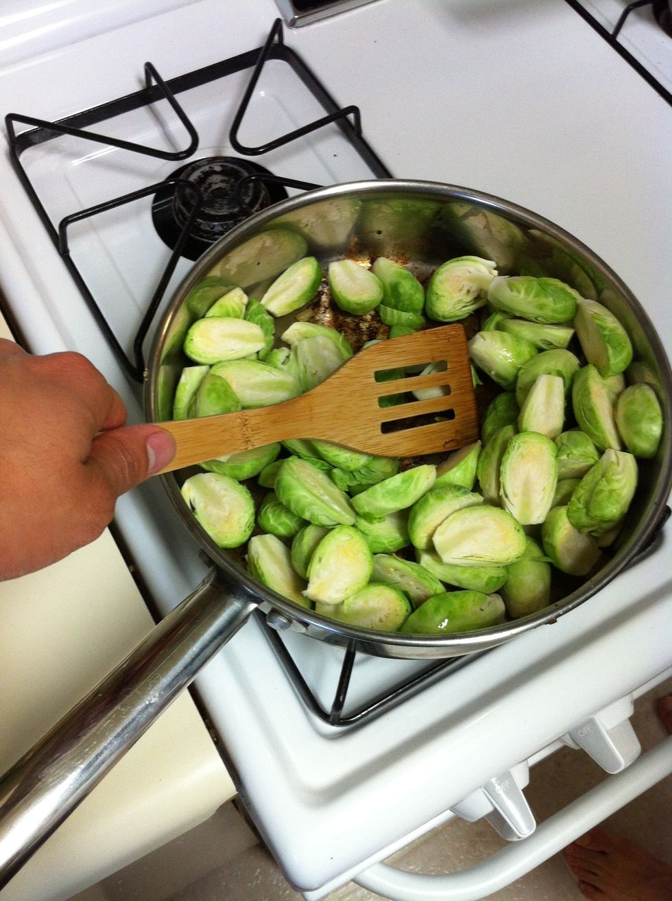 Now add the Brussels Sprouts to the skillet on medium heat.
