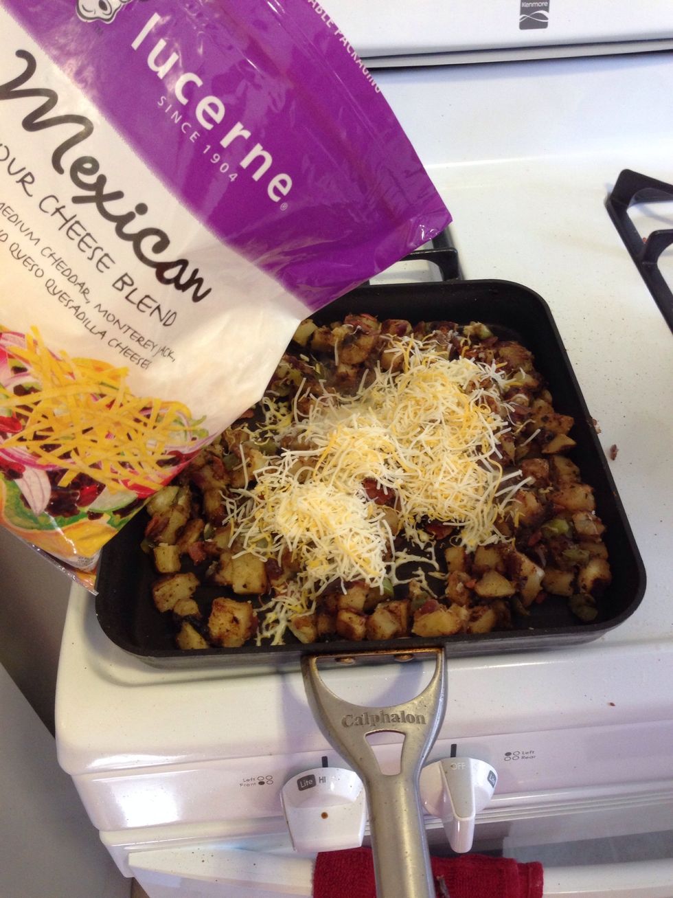 Now add the cheese. Normally you used cheddar, but I only had Mexican blend.