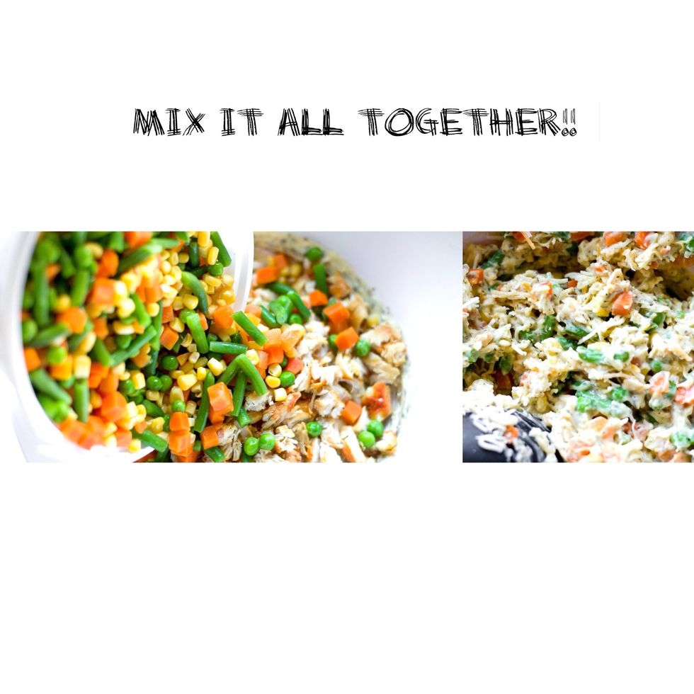 Now add the chicken, cheese and mixed veggies! Mix it until spread evenly!   **Sidenote** I warmed up veggies in microwave for 2 minutes before adding them.