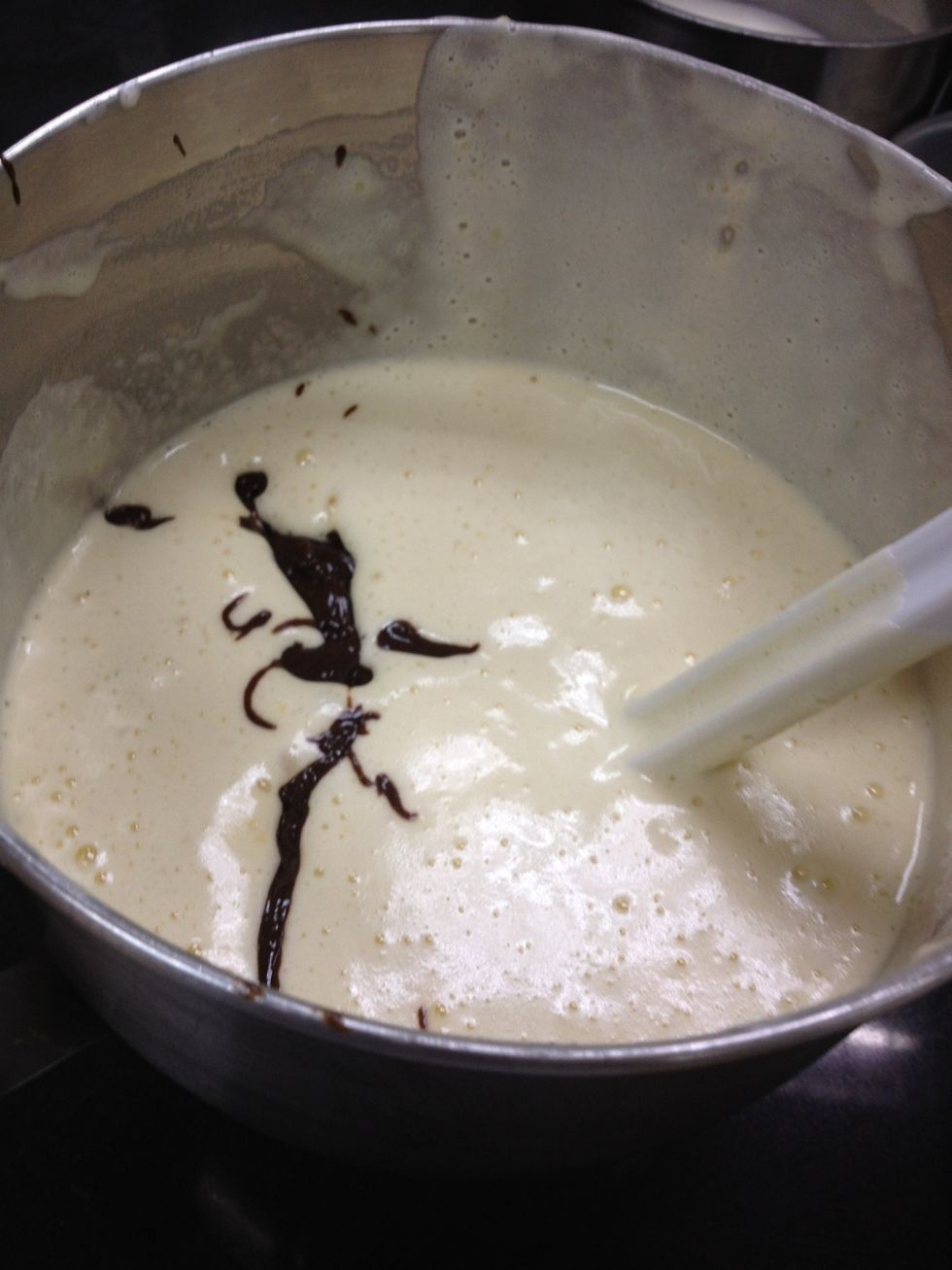 Now add the chocolate batter into the previous remaining half egg and sugar batter. Fold it only until incorporated!