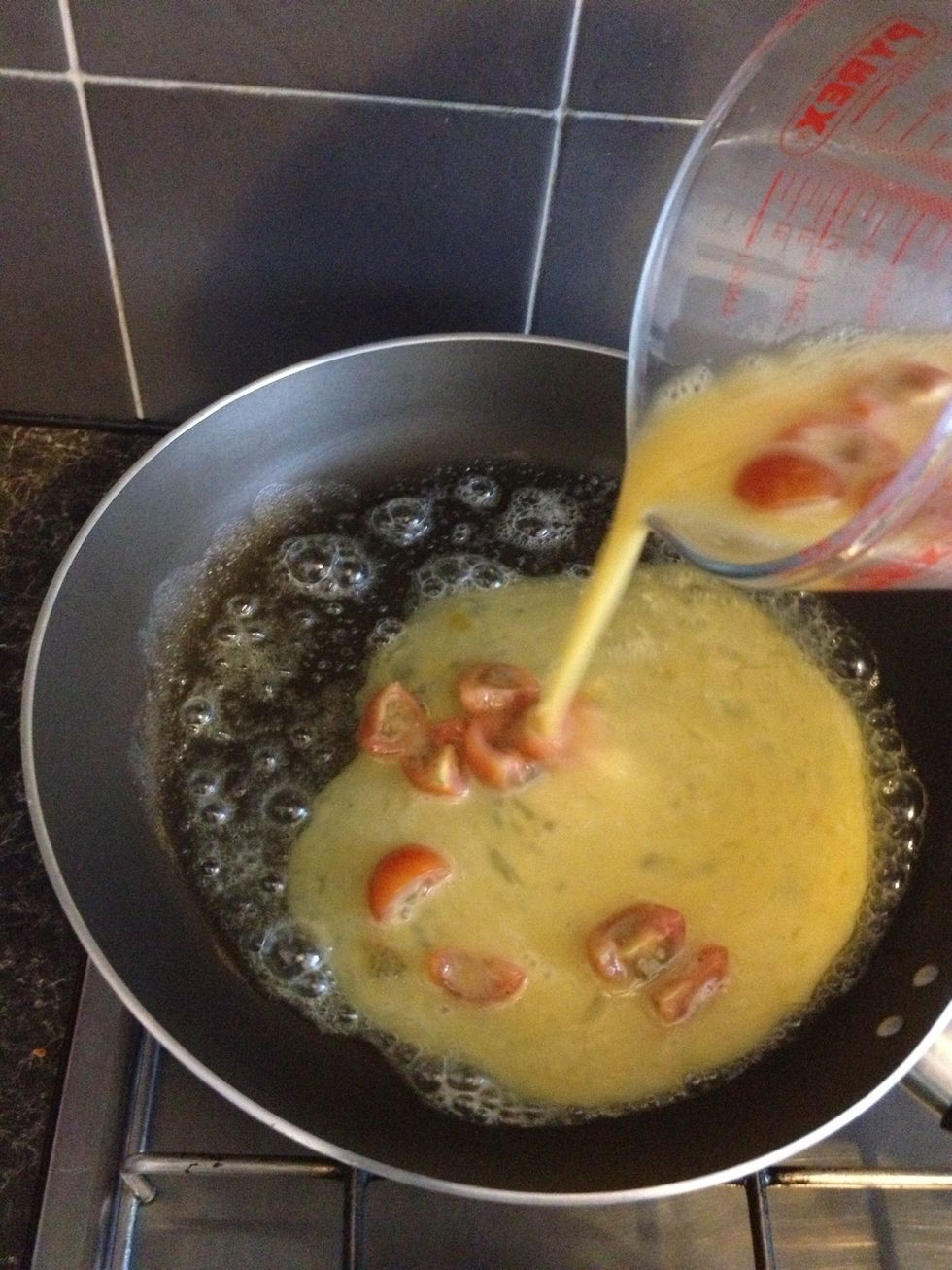 Now add the eggs and tomatoes to the pan