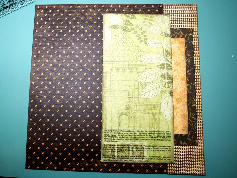 Now add the large green rectangle about 2" from the side of the page and 3/8" from the bottom overlapping the other layers as shown.