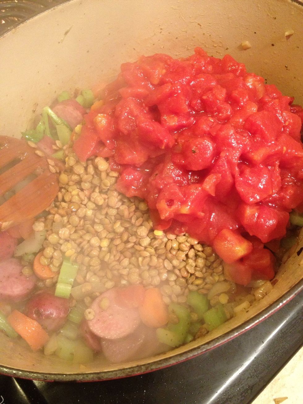 Now add the lentils, tomatoes(juice included), the entire box of chicken broth, and water. Stir. Now bring to a boil.
