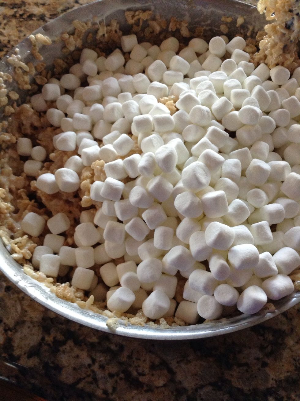 Now, add the mini marshmallows. I use about 3 cups but add as many or less, as you like. This is when it gets messy and sticky but keep mixing well
