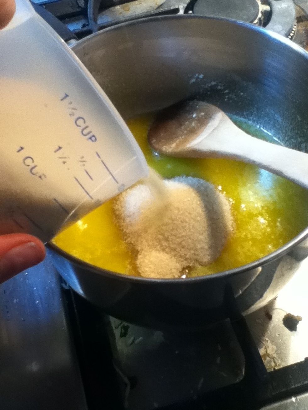 Now add the sugar, I know it says caster sugar on the supplies list but we had none left, so I used raw sugar, which works fine!