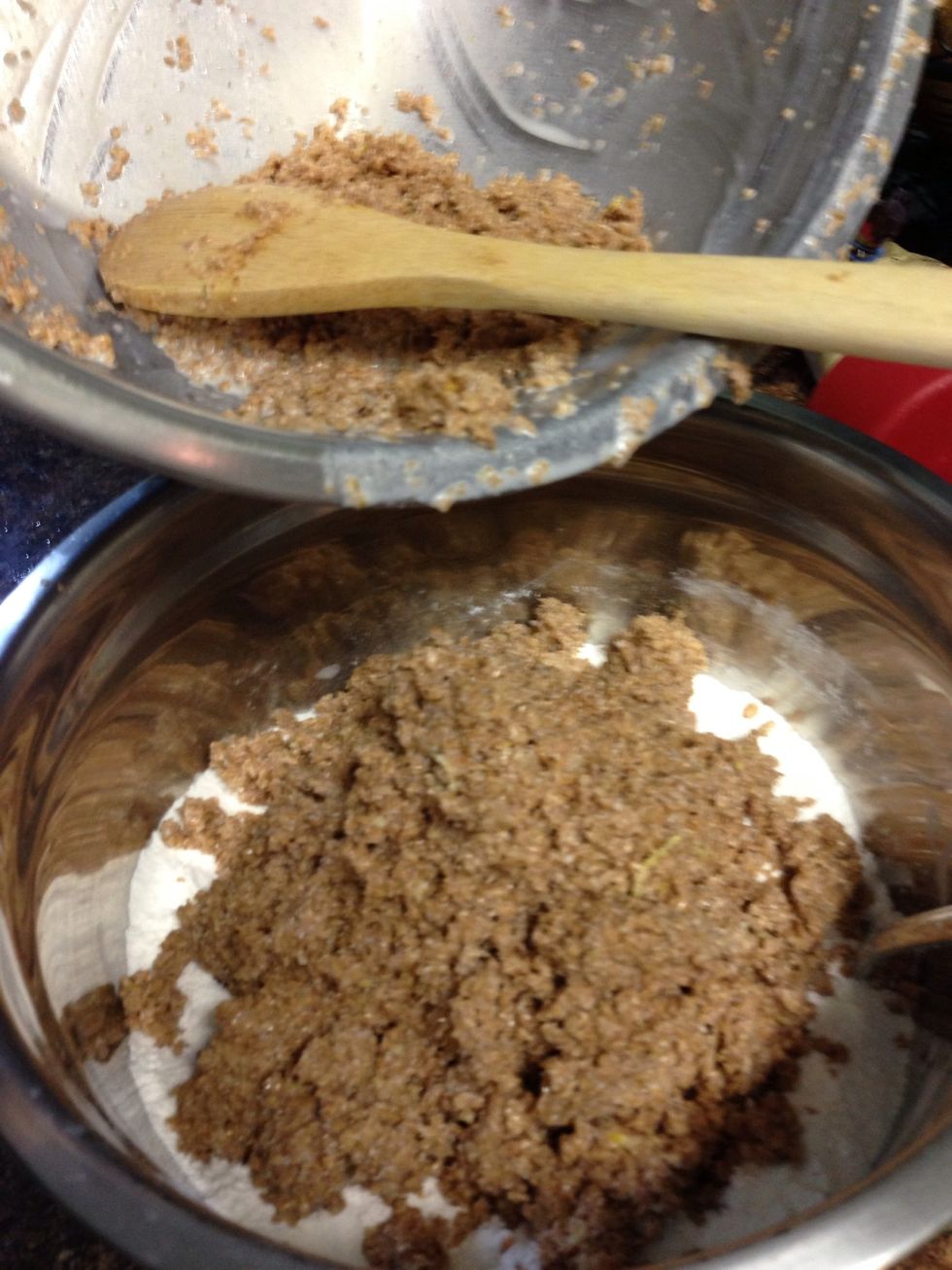 Now add the wet bran mixture to the flour mixture, stir just until well combined.