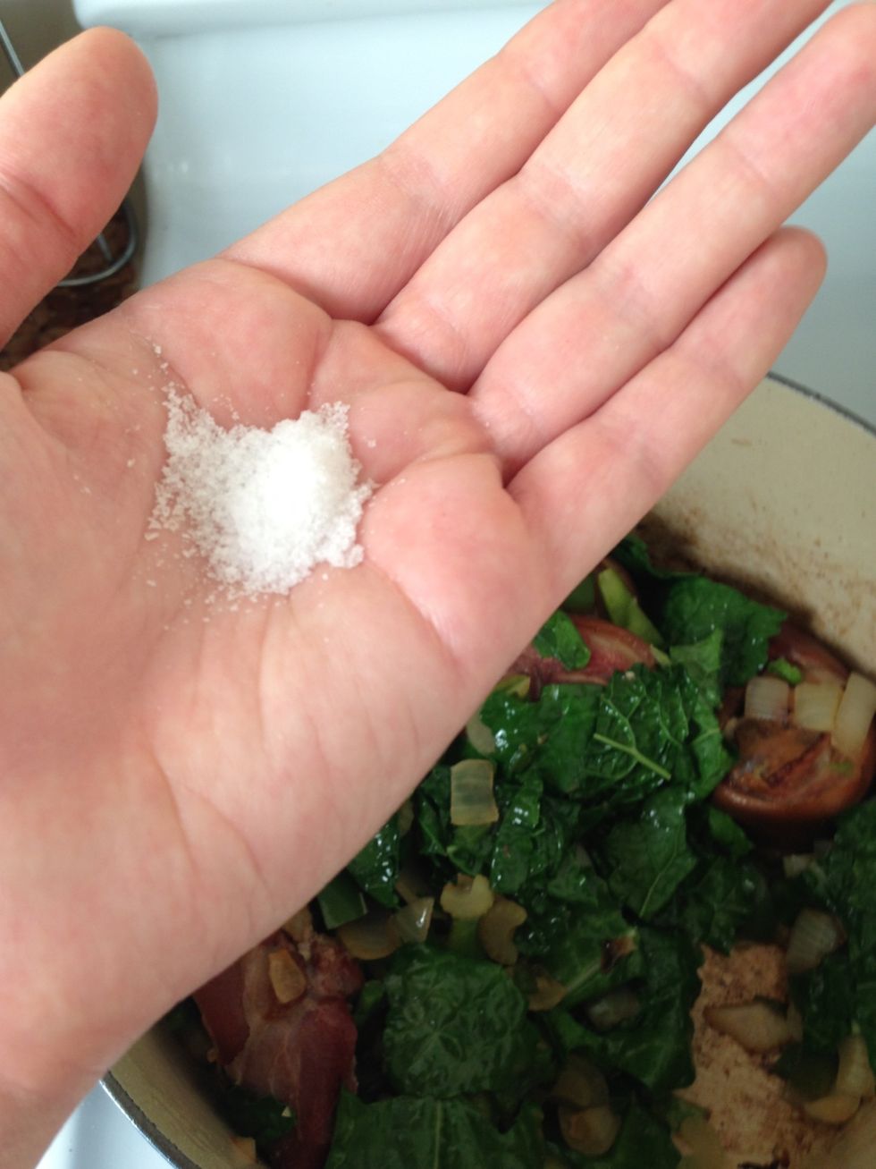 Now add, uh, this much salt. It's around 1/2 a tsp. Also add black pepper to taste, and this much cayenne if you like it spicy.