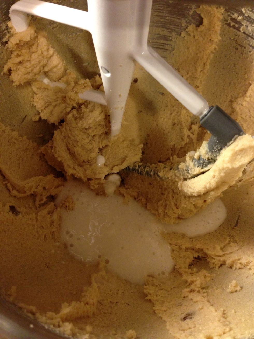 Now add your egg replacer, and water. This is important! If you don't have egg replacer, put in 2 eggs. However, you might have to add a little extra flour.
