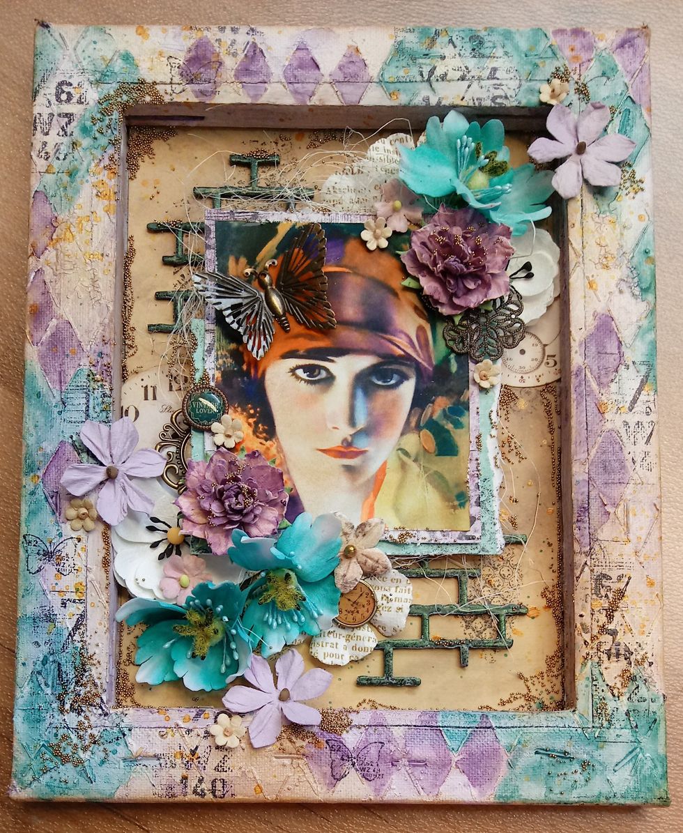 Now add your embellishments! I printed the lovely lady, & glued her to layers of chipboard and cardstock.