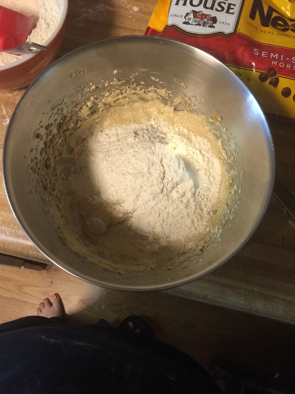 Now add your flour mixture and beat until combined keep adding your flour mixture until it's all combined