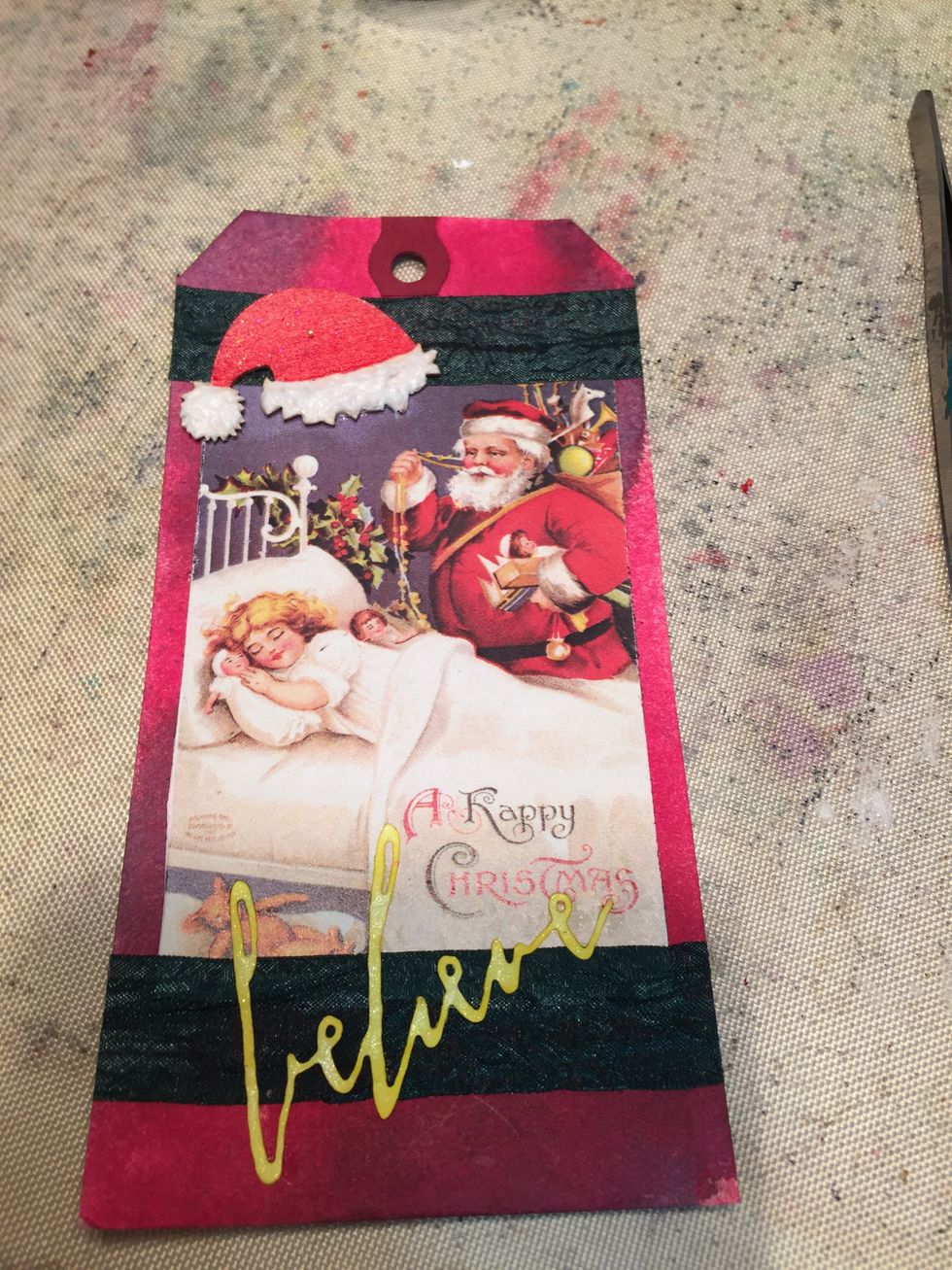 Now add your work and your Santa hat to the tag and set aside.