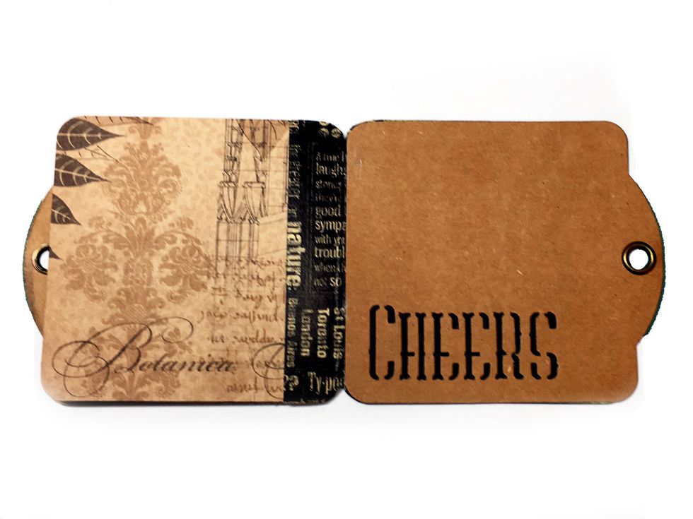 Now adhere the Cheers tag inside the mini to the back side of the design paper cover.