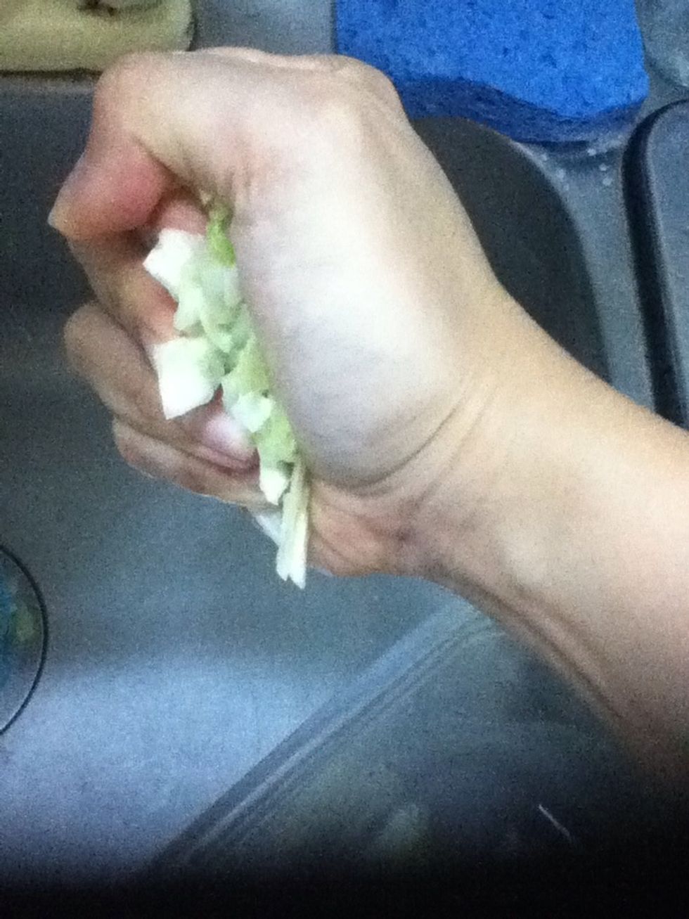 Now after about 15-20min, water should be coming out from the cabbage. Squeeze them hard to remove water.