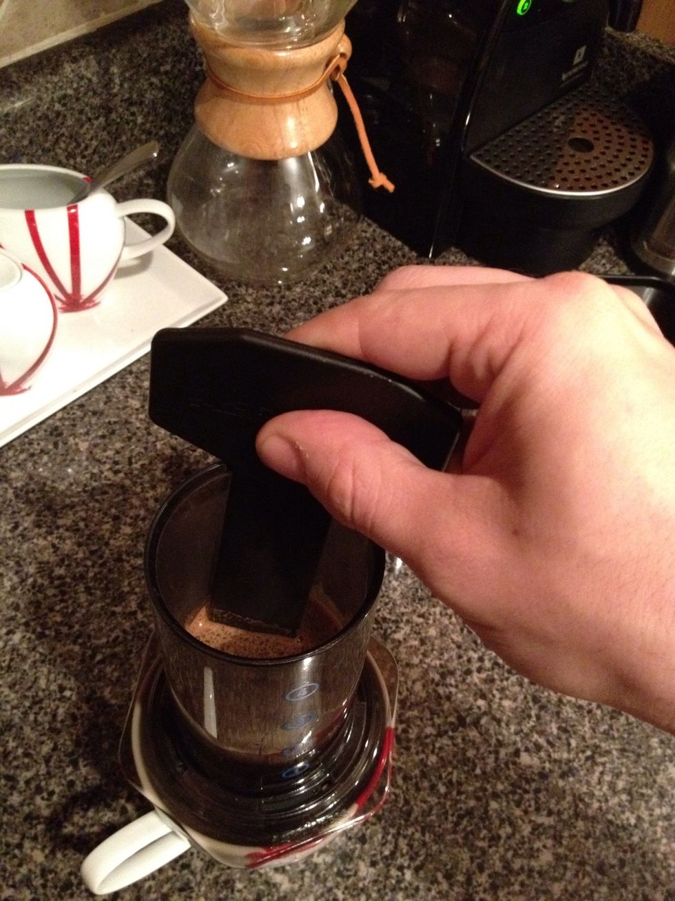 Now, after about another 15 seconds take your paddle and stir the mix up & down, left & right for about 10 seconds. The paddle isn't long enough to touch the filter so don't worry about being careful.