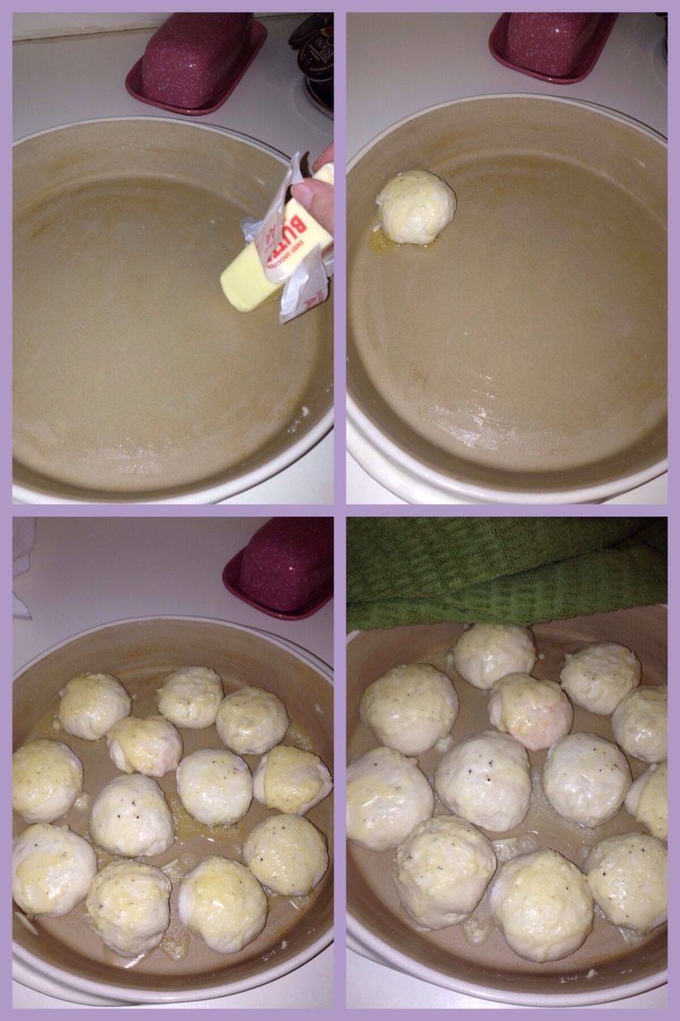 Now after you butter a pie pan, place the cheese balls onto the pan PINCHED SIDE DOWN! Now drizzle a spoonful of the butter mixture onto the ball. Now repeat steps 4-5. (I did 6 with motzi and 6 ched)