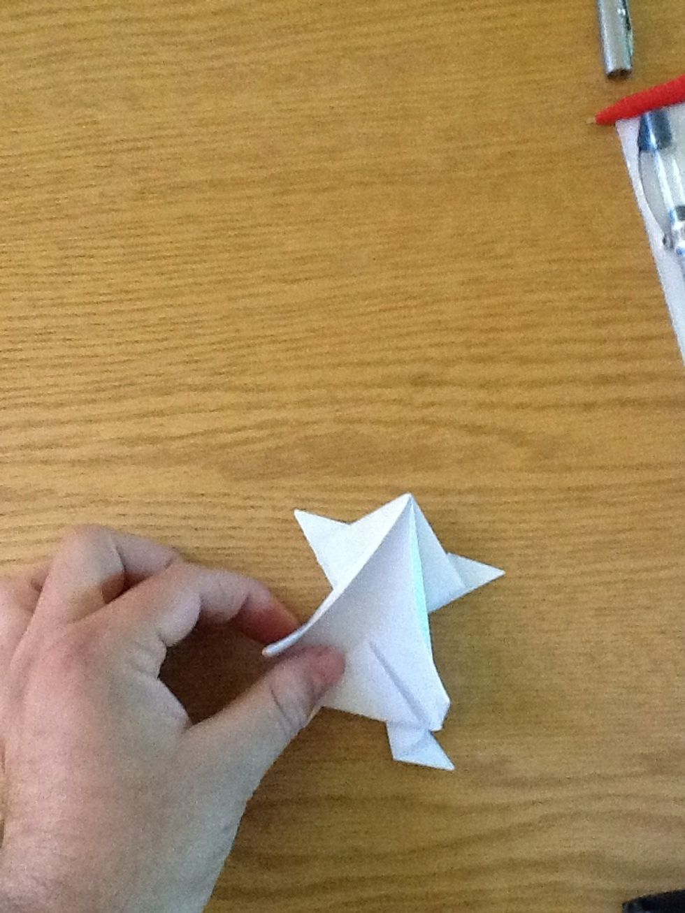 Now.. Another tricky part.. Approach the "rear".. Fold the diamond corner and hide the corner beneath the flaps you have just made in the previous step to make the head.