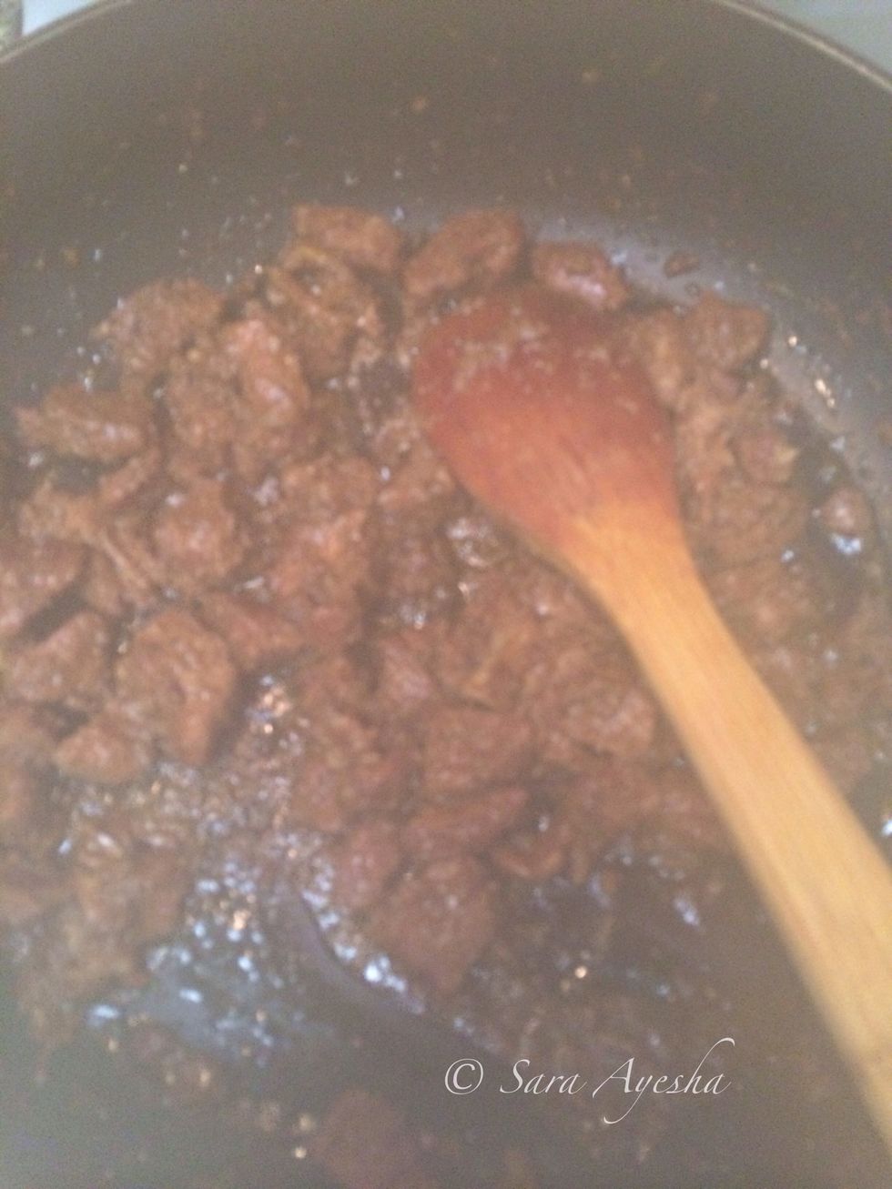 Now as the water is all soaked up don't forget to keep mixing it. Add olive oil to it and start the frying process. We like it crunchy on the outside so fry a bit up and keep scrapping the bottom.