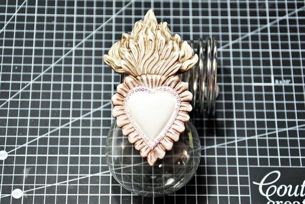 Now attach both the large flame and the small flaming heart to the light bulb as shown. NOTE - the light bulb has had the inside removed. I have used Helmar Quick Dry glue to attach my resin pieces.