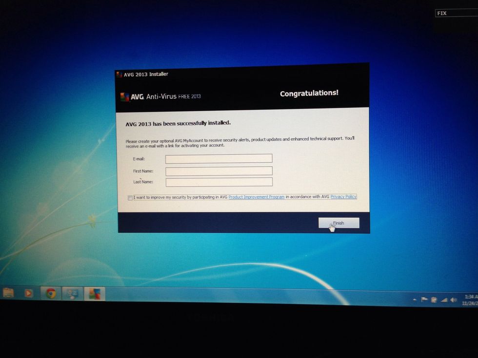 Now AVG wants you to add information about yourself. You can skip this step (I do) by pressing the "Finish" button.
