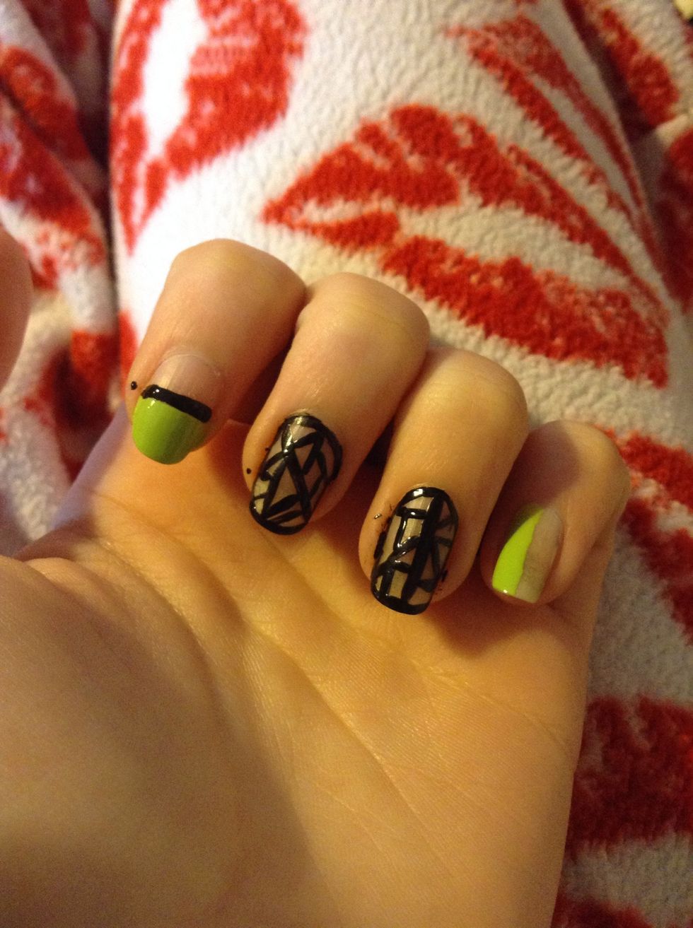 Now back to the pointer finger, draw a black line across the top of the green
