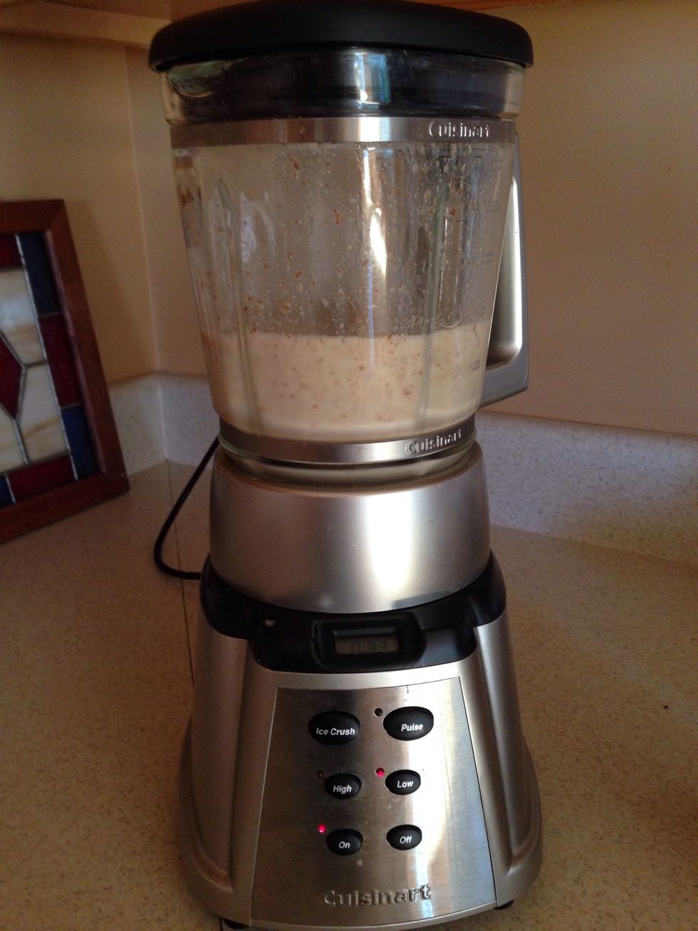 Now... Blend!  <insert whirring blender noise here> Note: you can also add 1/2 cup of oats to thicken it up or a scoop of protein powder to make it even more filling, or both :)