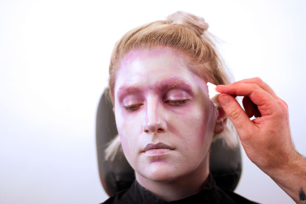 Now break a makeup sponge in half and gently blend, just to get rid of the brush strokes. A broken sponge is great for creating evenly blended makeup.