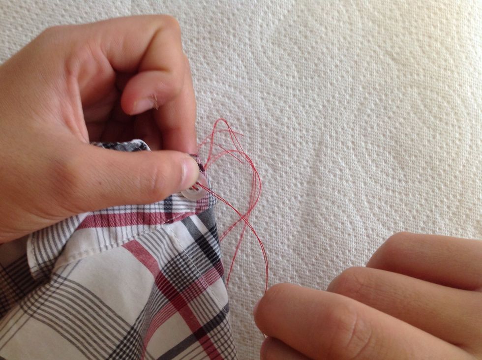 Now, bring the needle and thread up through the material and upper right button hole, making sure the thread is tight.