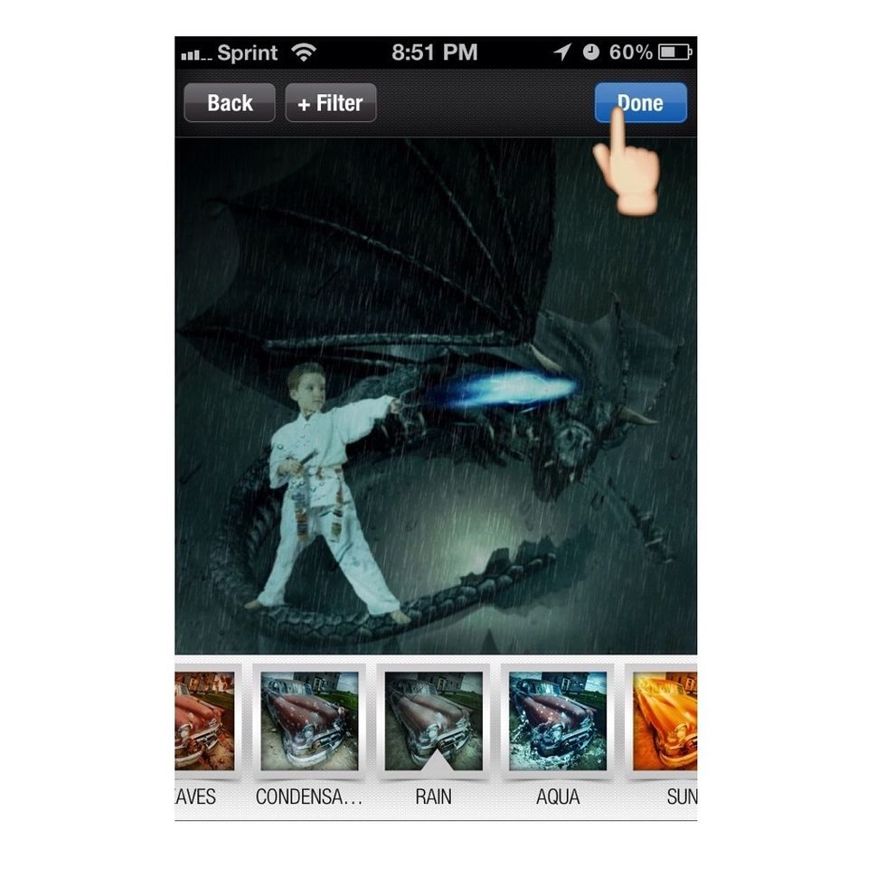 Now browse all of the cool effects. I HAD to try ALL of them!!  My favorite was the RAIN filter, so I chose that one. Tap Done when you've made your choice.
