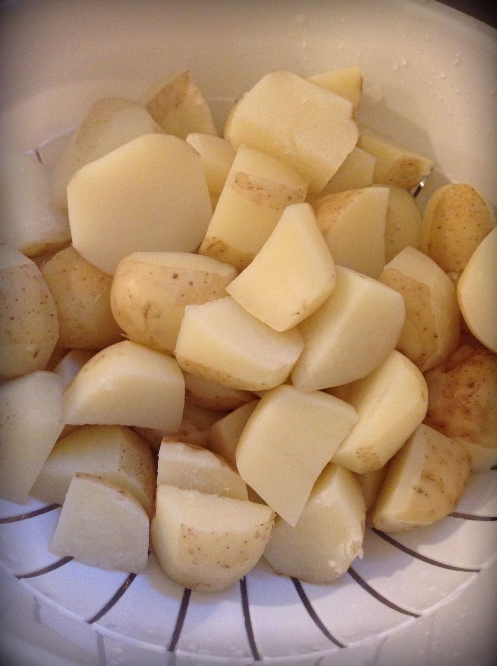 Now by this time the potatoes should be done. Simply drain them and get out a big frying pan.