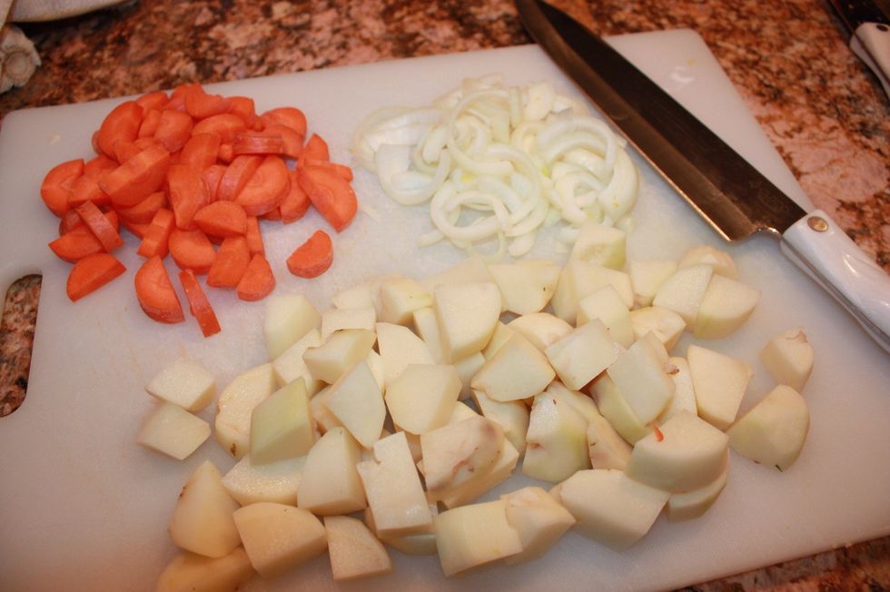 Now, chop your vegetables. Use whatever you have handy, I used carrots, potatoes, and onions