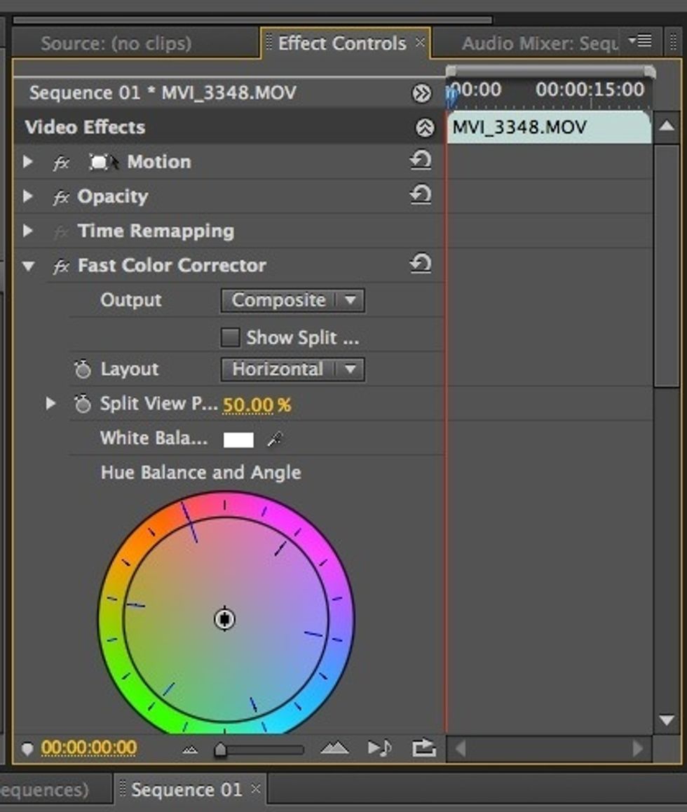 Now click on the Effect Controls tab in your top middle window. You should see the Fast Colour Corrector options displayed.