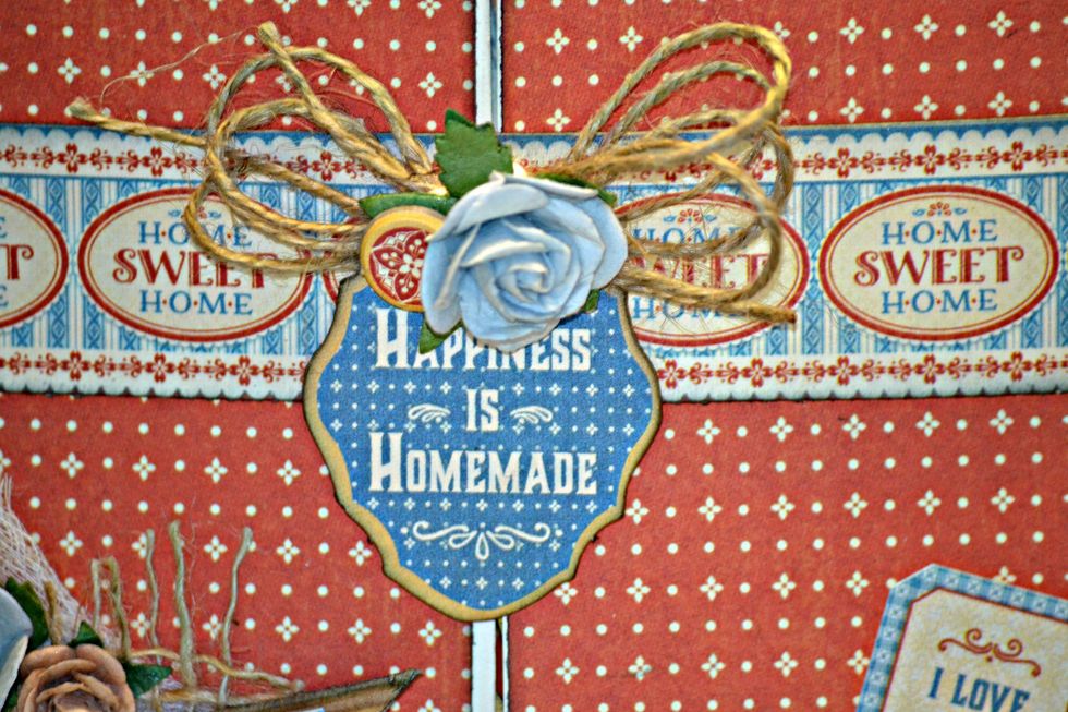 Now comes the fun. I used Graphic 45's Home Sweet Home Chipboard 2, twine & flower then attached them to the belly band on the front cover.