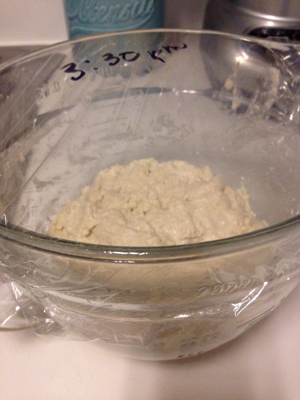 Now comes the part where you have to be patient! Cover your bowl with plastic wrap and set on the counter for 12-18 HOURS. (I write the time on mine so I know when I can begin baking!)