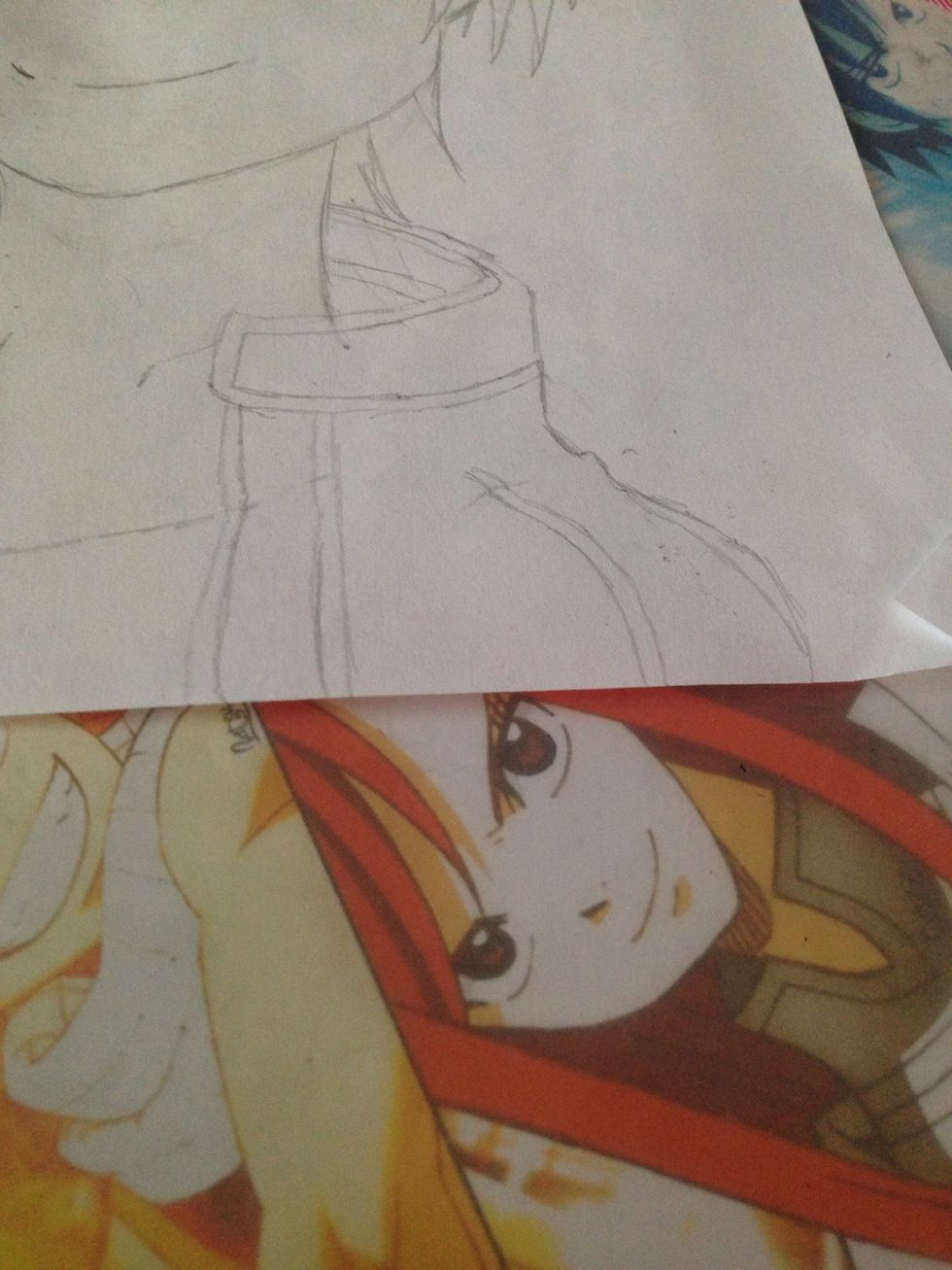 Now , continue drawing the right side of his clothes and draw his shoulder