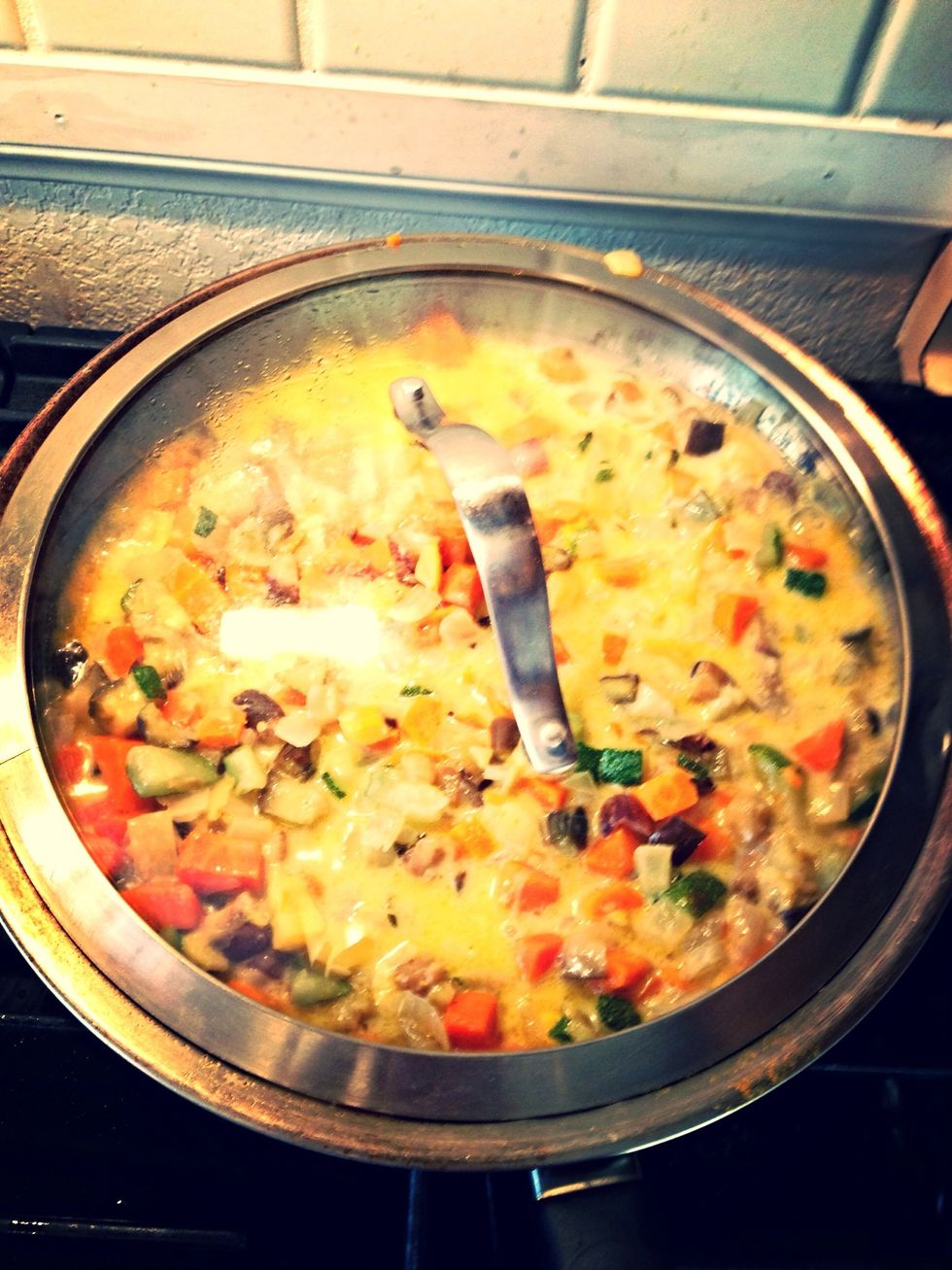 Now cover and simmer on medium/low heat until the mixture boils. Then stir.